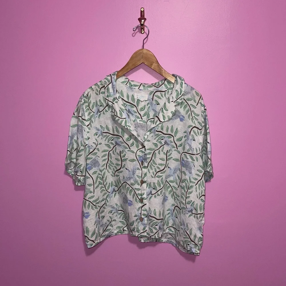 Cynthia Rowley Linen Blouse Women’s XL Button-Front Bird‎ Tropical - Picture 2 of 7